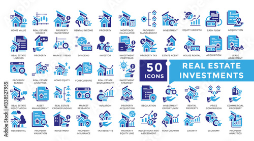 Real estate investments icon set in Glyph dual color style. Collection includes value, increase, mortgage, real estate, tax and more. Simple vector icon collection