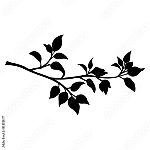 Black and white illustration of a tree branch with leaves, showcasing natural foliage in a simple, eco-friendly design