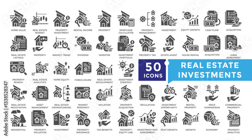 Real estate investments icon set in Glyph style. Collection includes value, increase, mortgage, real estate, tax and more. Simple vector icon collection