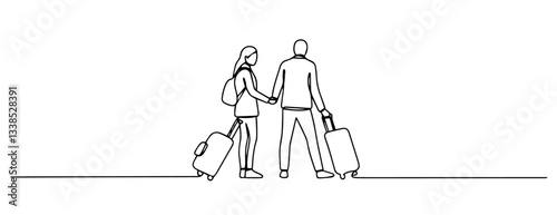 traveling couple with suitcases monoline vector, one line travel line art