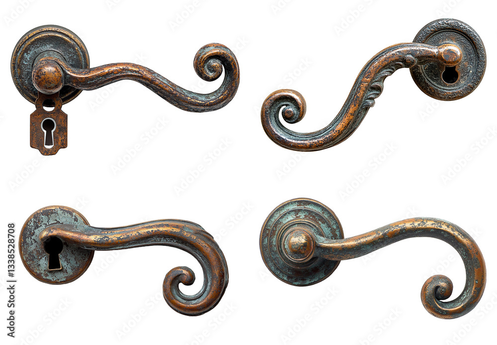 Obraz premium Collection of Four Antique Ornate Door Handles with Keyholes isolated on Transparent PNG