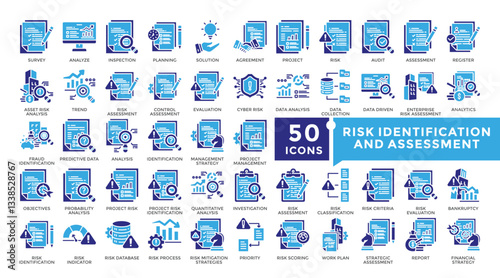 Risk identification and assessment icon set in Glyph style. Collection includes value, investigation, survey, analyze, planning and more. Simple vector icon collection
