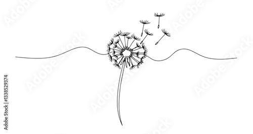 dandelion flower blowing seeds vector monoline one line line art sketch illustration