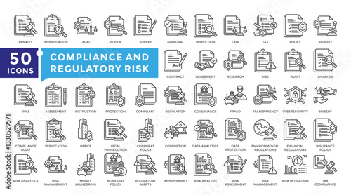 Compliance and regulatory risk icon set in outline style. Collection includes agreement, approval, assessment, audit, compliance and more. Simple vector icon collection