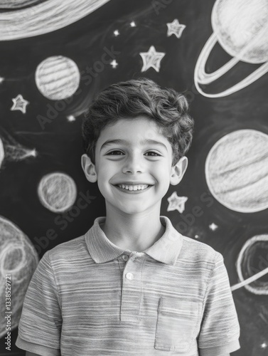 A young boy stands in front of a chalkboard, ready for a lesson or presentation