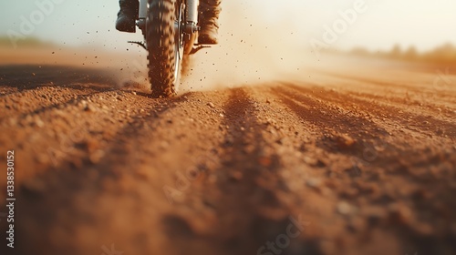 A close-up of a motorcycle tire kicking up dirt on a sunlit path, showcasing the thrill of off-road riding.