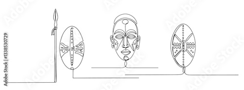 african mask shields spear vector monoline one line line art sketch illustration
