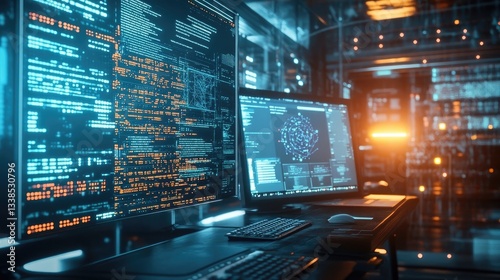 Wallpaper Mural Blue and Orange Illuminated Data Center Servers with Digital Code Torontodigital.ca