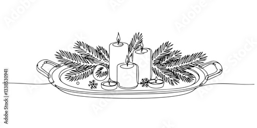 christmas candles tray pine branches vector monoline one line line art sketch illustration
