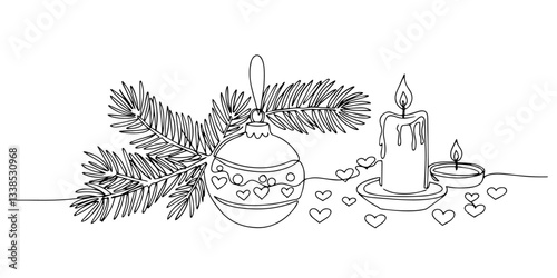 christmas ornament pine branches candles vector monoline one line line art sketch illustration