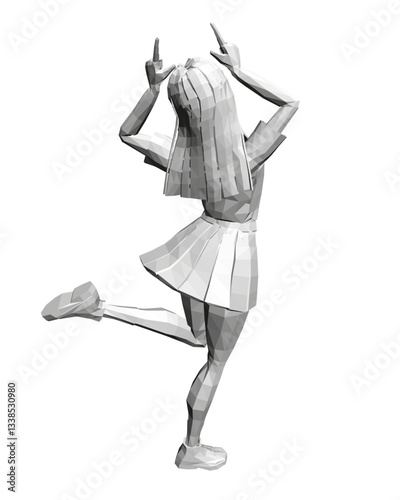A woman in a white skirt is dancing and pointing her fingers. The image has a playful and energetic mood, as the woman is having fun while dancing