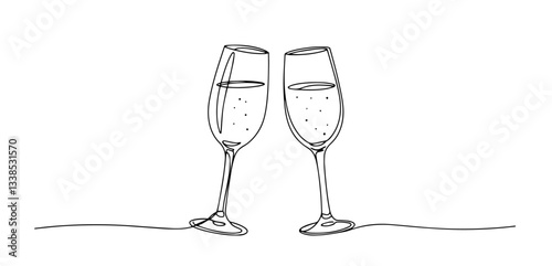 two champagne glasses making a toast monoline vector, one line celebration illustration