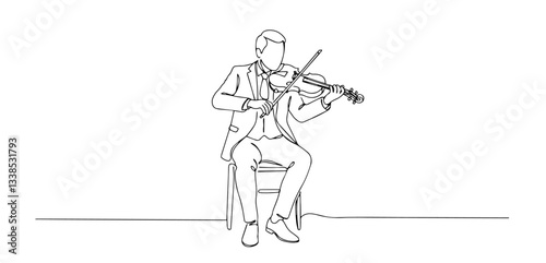 man sitting and playing violin monoline vector, one line musician illustration