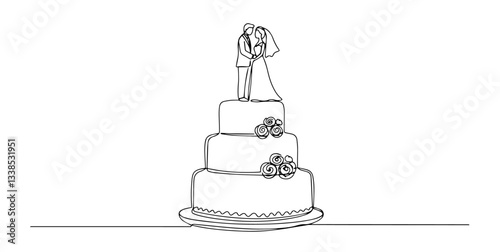 wedding cake with bride and groom topper monoline vector, one line celebration illustration