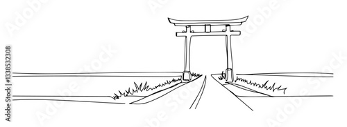 japanese torii gate monoline vector, one line traditional illustration