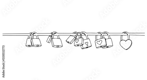 love padlocks hanging on railing monoline vector, one line romantic illustration