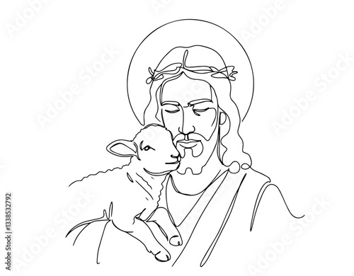 jesus with lamb on shoulders monoline vector, one line religious illustration