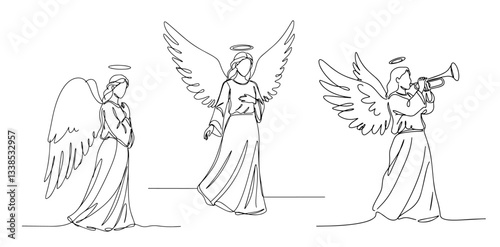 angels monoline vector, one line religious illustration