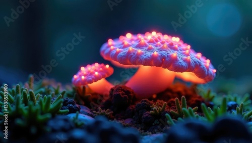 The mysterious, glowing aura of a bioluminescent fungus, lichen, biology