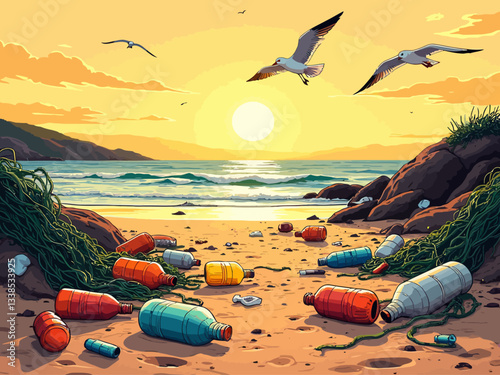  beach sand full of trash illustration