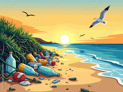  beach sand full of trash illustration