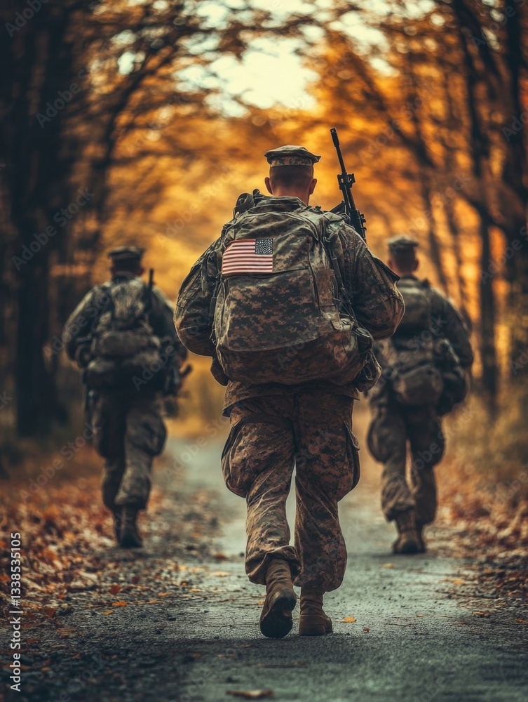 Fototapeta premium A group of soldiers walking down a dirt road in uniform attire, possibly on a mission or patrol