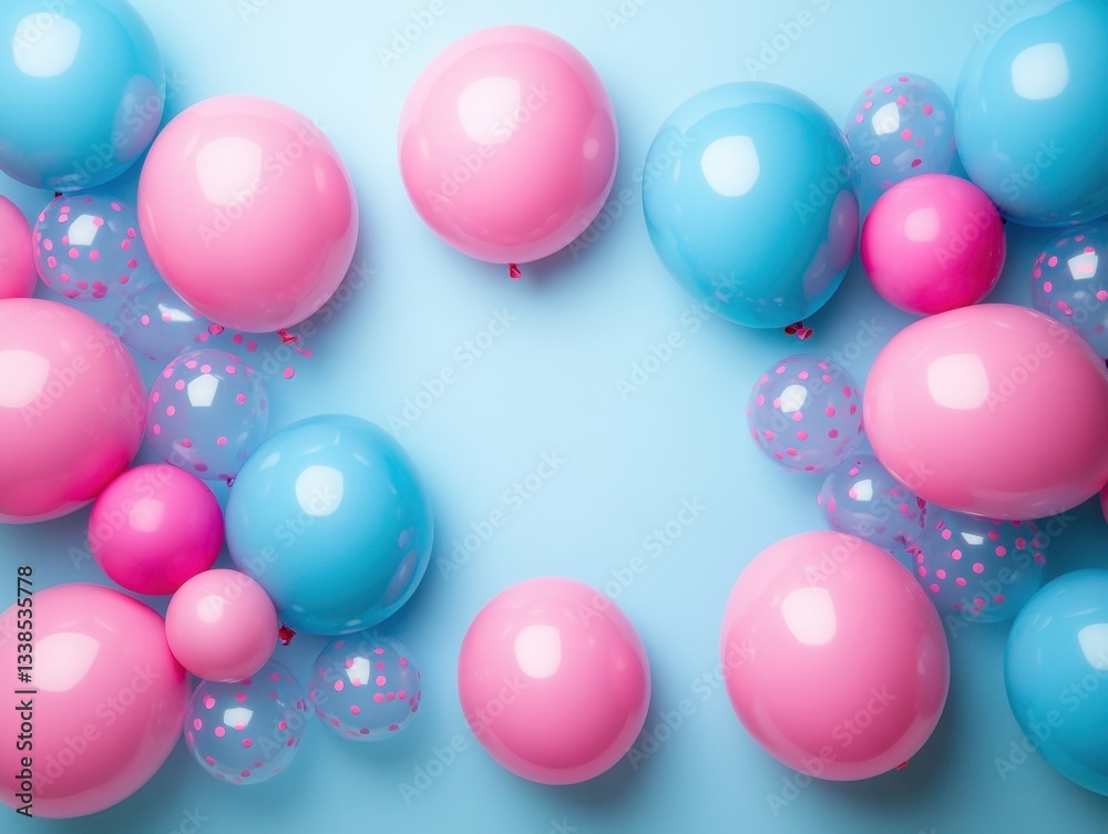 Pastel Balloons in Pink and Blue on Light Blue Background Evoking Celebration Joy and Festive Mood Perfect for Party Invitation and Decoration Pastel Balloons in Pink and Blue on Light Blue Background Evoking Celebration Joy and Festive Mood Perfect for Party Invitation and Decoration