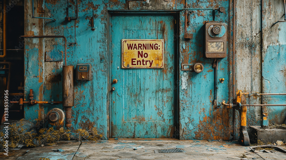 Warning sign on a rusty industrial door in an abandoned factory with cracked concrete walls Warning sign on a rusty industrial door in an abandoned factory with cracked concrete walls