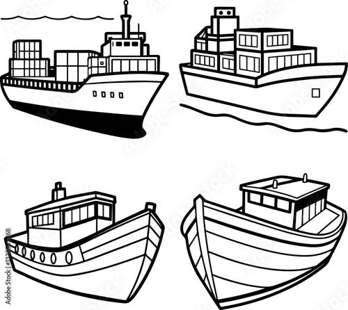 A Set of Cartoon Empty Container Boats Line Art Vector Illustration
