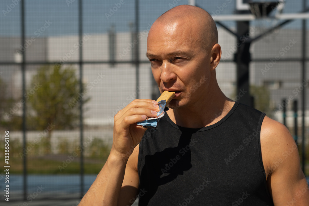 Sports man eating energy bar. Muscular athlete snacks protein bar while resting after workout at stadium. Healthy protein snack, fitness dieting food for sporty lifestyle.