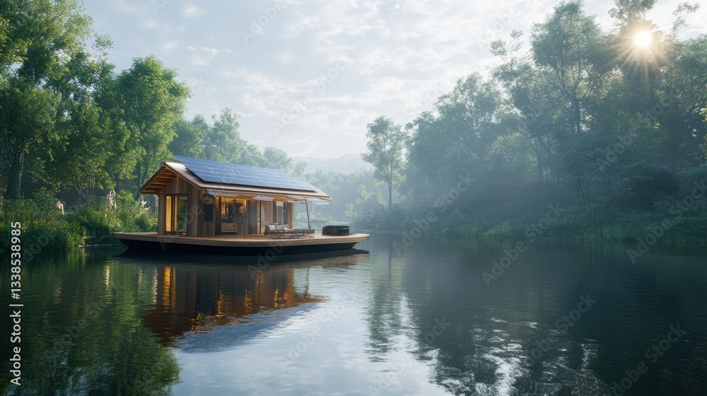 Obraz premium Solar Powered Houseboat Floating on a Peaceful River