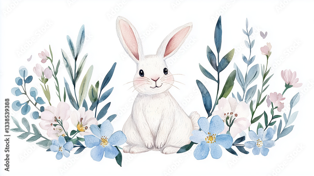 Obraz premium Cheerful Easter Bunny Watercolor Illustration with Spring Flowers