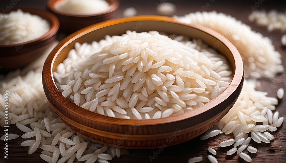 Piled White Rice in Wooden Bowl Set Against Rustic Wooden Background With Scattered Grains Piled White Rice in Wooden Bowl Set Against Rustic Wooden Background With Scattered Grains