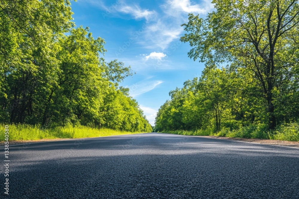 A scenic view of an empty road surrounded by lush green trees on a sunny day A scenic view of an empty road surrounded by lush green trees on a sunny day