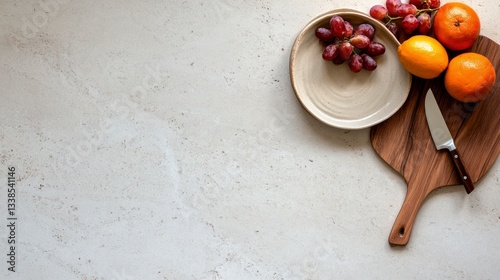  A clean, bright kitchen interior features a wooden counter and white walls, creating a minimal background for product display.

