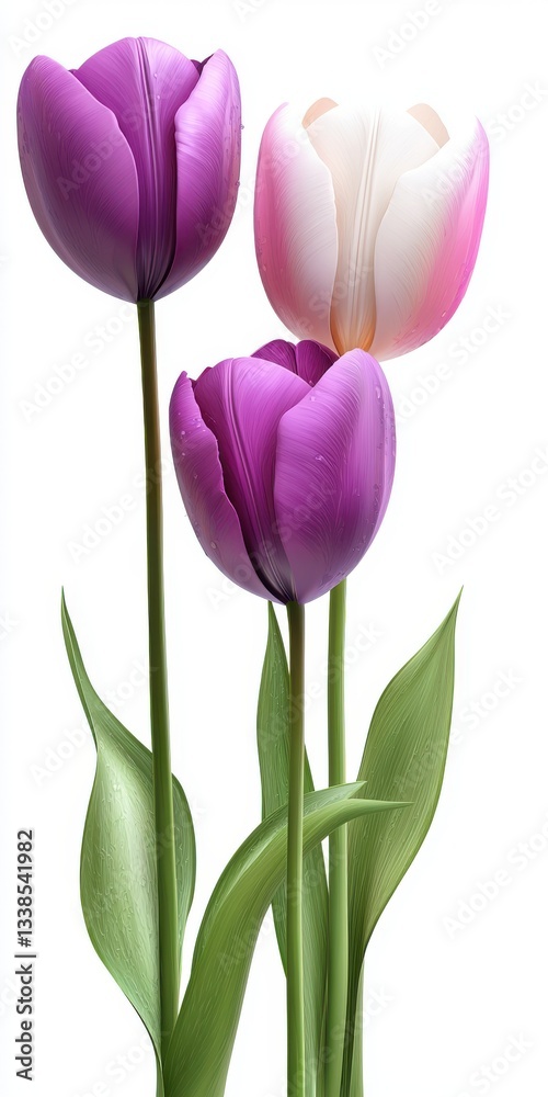custom made wallpaper toronto digitalThree Vibrant Tulips in Bloom with Lush Green Leaves Against a Clean White Background, Perfect for Spring Concepts