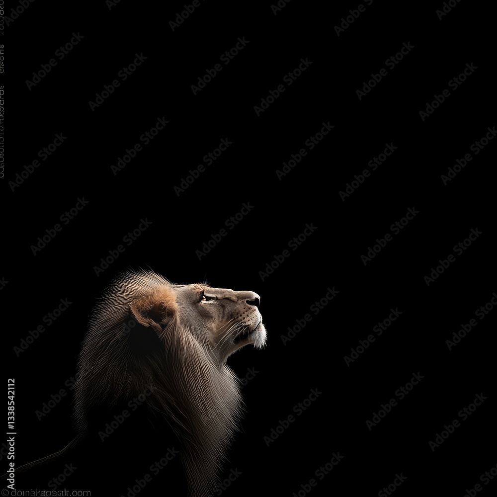 Fototapeta premium Majestic lion's profile, illuminated against a stark black background, showcasing its powerful features and serene gaze.