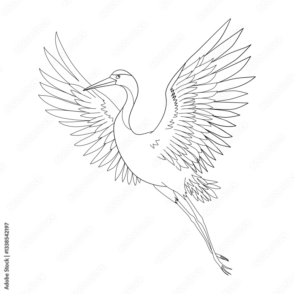 Fototapeta premium Black and white line drawing illustration of a heron bird flying with wings outstretched. Simple and elegant design.
