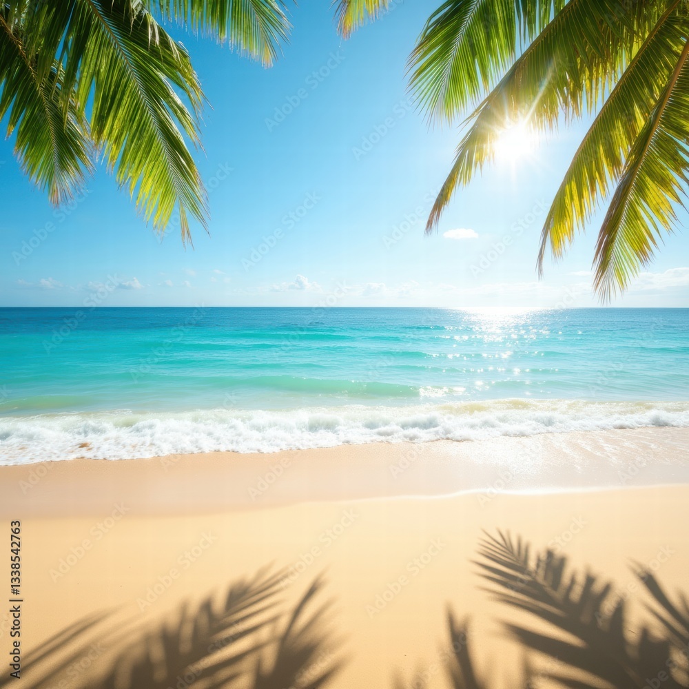 Fototapeta premium A serene summer background with golden sand, gentle ocean waves, and palm tree shadows