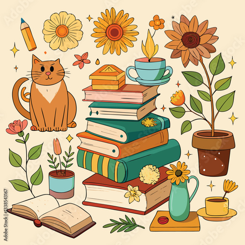 Digital Sticker Collection flowers and books