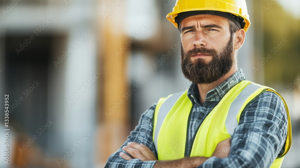Constructive reflection A professional construction worker with arms crossed displaying confidence and commitment Constructive reflection A professional construction worker with arms crossed displaying confidence and commitment