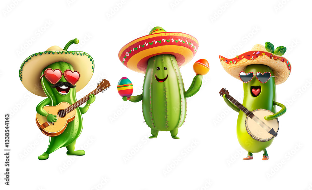 Obraz premium Cute anthropomorphic chili, cactus, and avocado celebrating Cinco de Mayo. Playful cartoon vegetables in sombreros playing guitar and maracas, fiesta theme