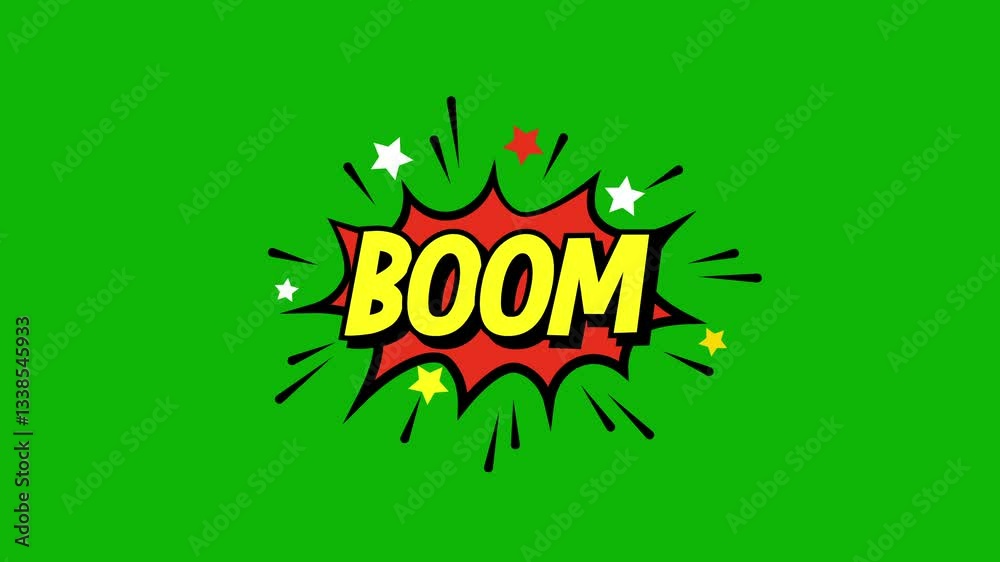 A comic strip cartoon animation, with the word boom appearing. cartoon bubble explosions. boom comic text message animation on green screen background. 4k