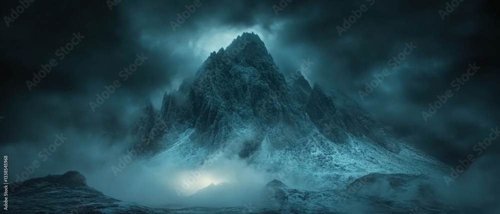 Fototapeta premium Majestic mountain peak shrouded in mist under a dramatic sky evoking a sense of awe and mystery with a cinematic style