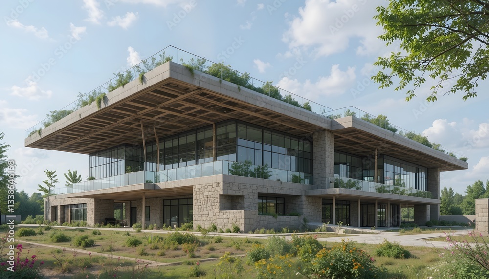 Modern architectural building with greenery and spacious design. Modern architectural building with greenery and spacious design.
