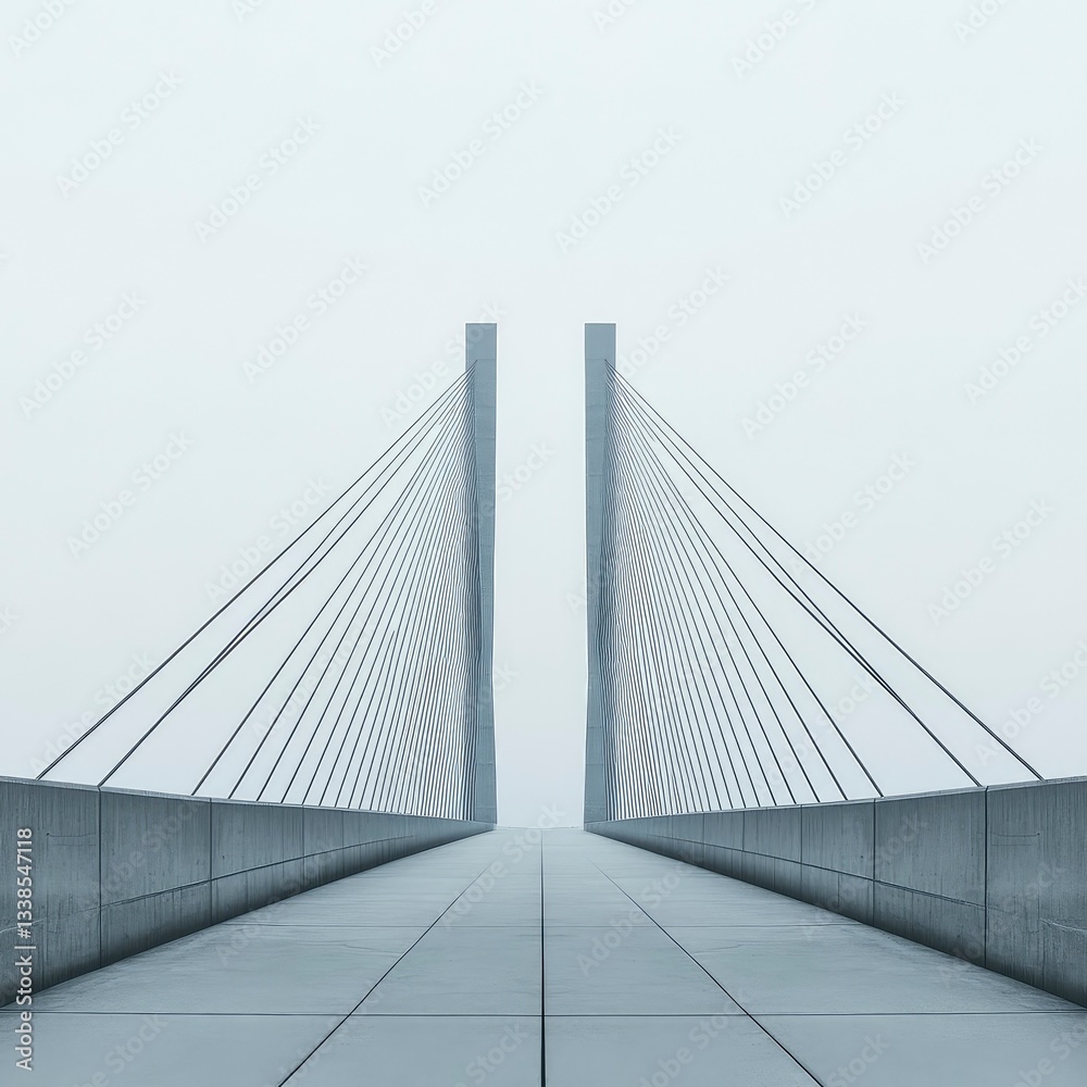 Fototapeta premium Minimalist cable-stayed bridge design, concrete structure, fog, pathway.