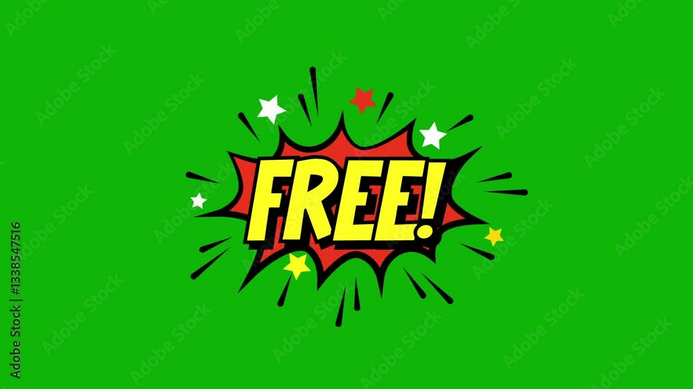 A comic strip cartoon animation, with the word free appearing. cartoon bubble explosions. free comic text message animation on green screen background. 4k