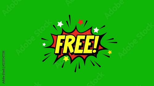 A comic strip cartoon animation, with the word free appearing. cartoon bubble explosions. free comic text message animation on green screen background. 4k