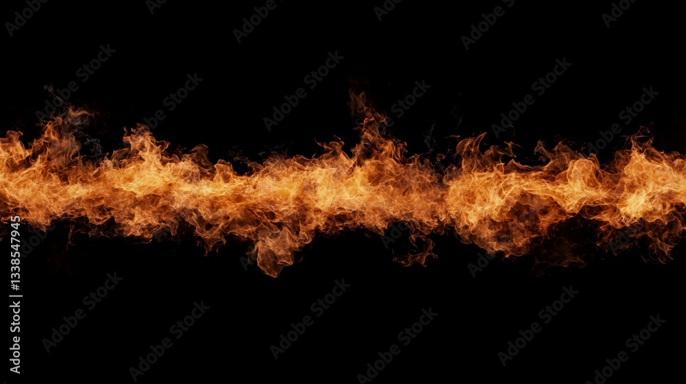 Fiery horizontal flame line against black background. A continuous, dynamic stream of orange and yellow flames. Intense heat and energy Fiery horizontal flame line against black background. A continuous, dynamic stream of orange and yellow flames. Intense heat and energy