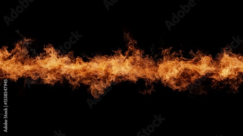 Fiery horizontal flame line against black background.  A continuous, dynamic stream of orange and yellow flames.  Intense heat and energy